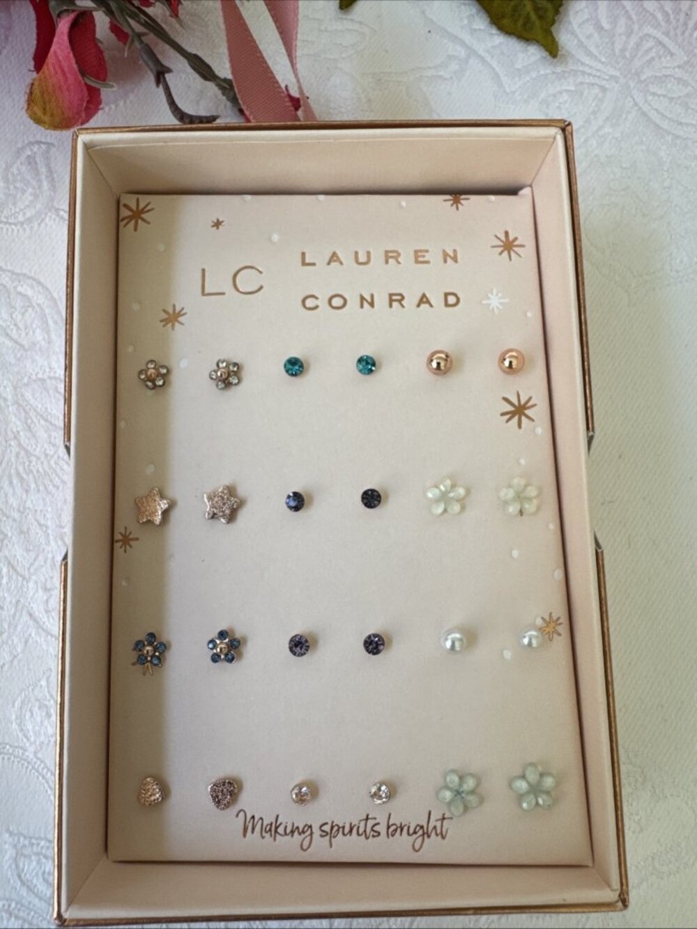 LC Lauren Conrad Gift Set 12 Pairs Multicolor Rhinestone Stud Star Earrings NEW